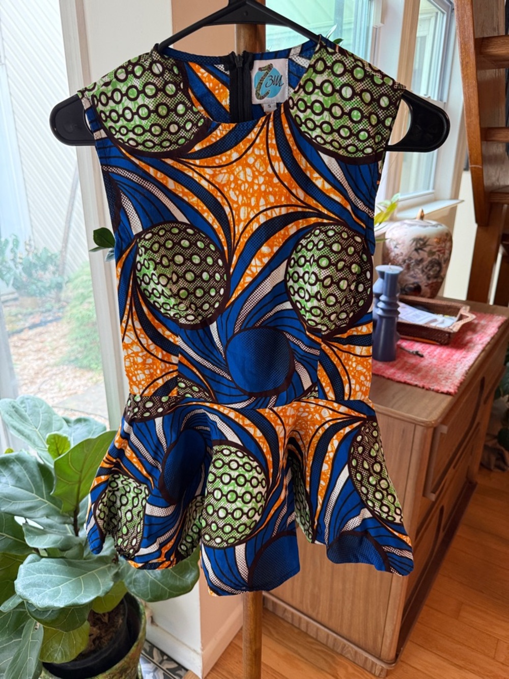Vibrant African Print Peplum Dress - Blue, Orange & Green